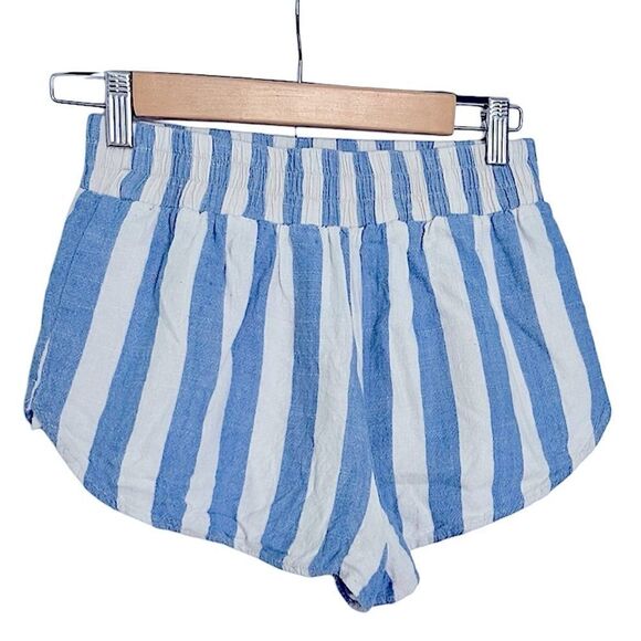 Forever 21 High Waist Linen Blend Casual Shorts Blue/White Cabana Stripe Small - Picture 3 of 12